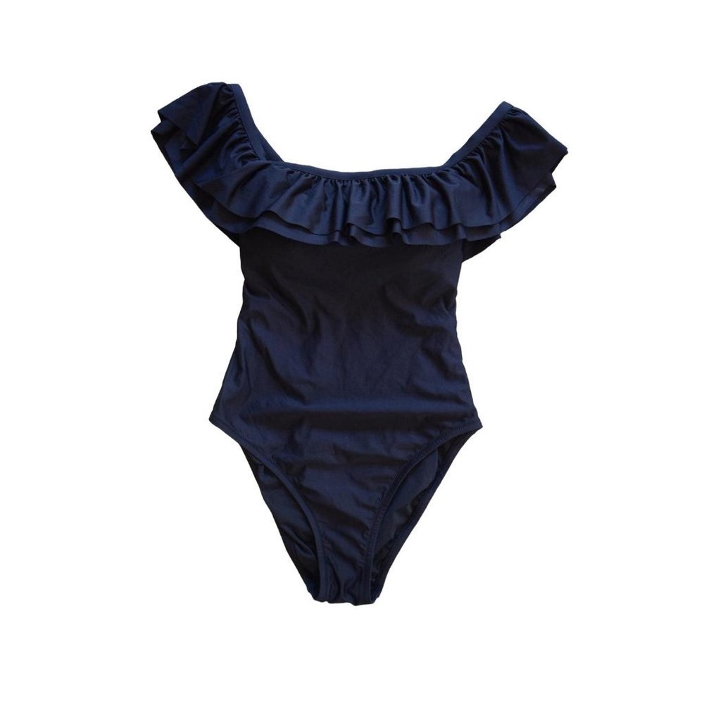 NEW JCrew $118 Off-The-Shoulder One-Piece Ruffle Swimsuit 2 Black G7146 v2